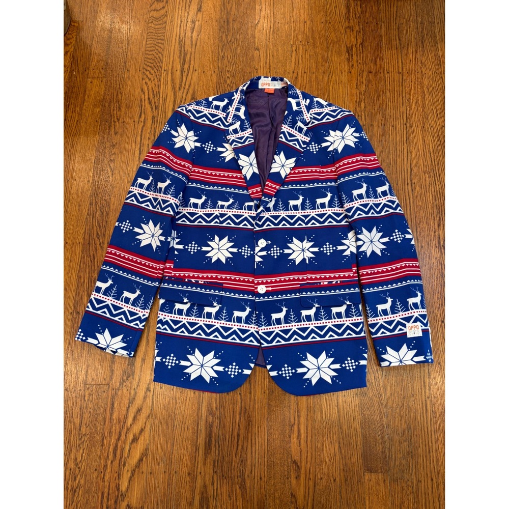 OppoSuits Christmaster Christmas Blazer Reindeer Fair Isle Blue Red Mens 38